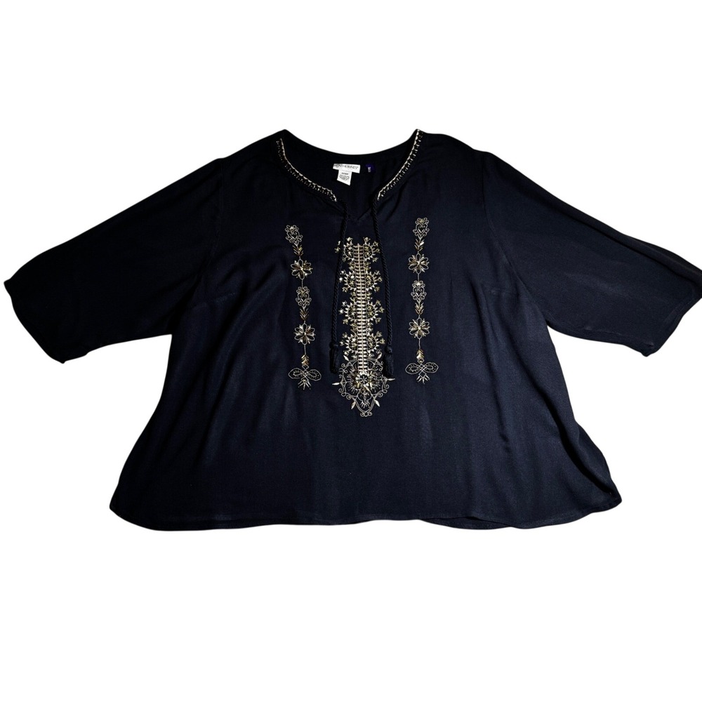 Catherines Navy Blue Embroidered‎ Tassel Tie Blouse Top 2XWP Petite Boho Rayon